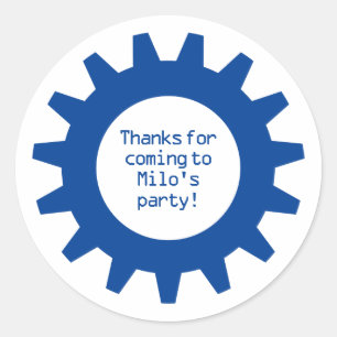 Adesivo Redondo Festa de aniversário de engrenagens azuis, obrigad