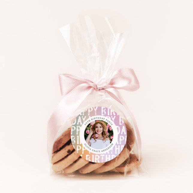 Adesivo Redondo Festa de aniversário de fotos rosa-rosa do arco-ír (Criador carregado)