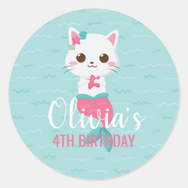 Adesivo Redondo Festa de aniversário de Gatinho de Sereia