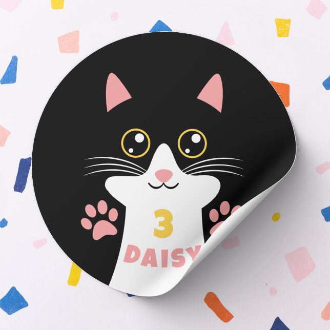 Adesivo Redondo Festa de aniversário de Gatinho Gatinho (cute kitty cat sticker with custom name and age. perfect for birthday parties and bday party favors)