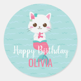 Adesivo Redondo Festa de aniversário de Gatinho Sereia