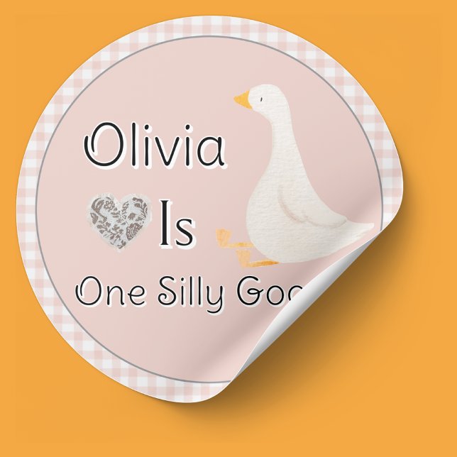 Adesivo Redondo Festa de aniversário de Gingham, Rosa, ganso-ganso (One Silly Goose Girl First Birthday Stickers)