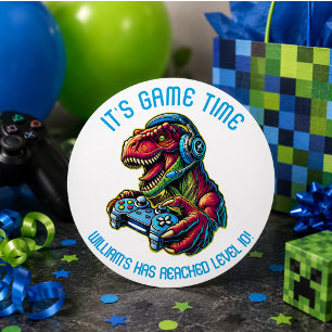 Adesivo Redondo Festa de Aniversário de Jogos de Vídeo Dinossauro