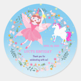 Adesivo Redondo Festa de aniversário de magia de Unicórnio e Fada