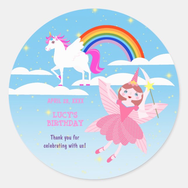 Adesivo Redondo Festa de aniversário de magia de Unicórnio e Fada (Frente)