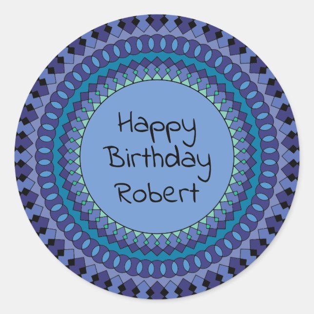 Adesivo Redondo Festa de aniversário de Mandala Azul - Nome (Frente)
