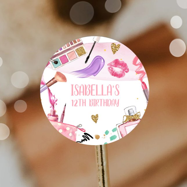 Adesivo Redondo Festa de aniversário de Maquiagem de Glamor de Fes (Criador carregado)