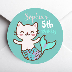 Adesivo Redondo Festa de Aniversário de Menina Gata Sereia Meowmai