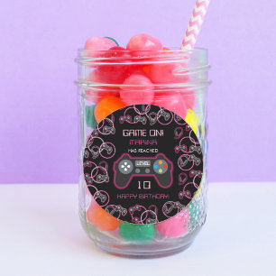 Adesivo Redondo Festa de aniversario de meninas Neon Pink do Jogo