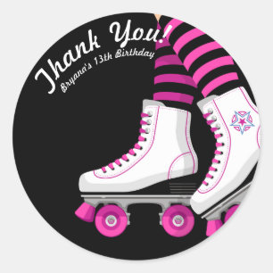 Adesivo Redondo Festa de Aniversário de Patinação com Patins Rosa