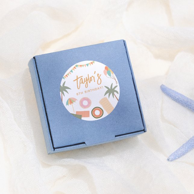 Adesivo Redondo Festa de aniversário de Piscina do Dia de Verão (Criador carregado)