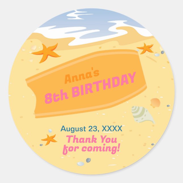 Adesivo Redondo Festa de aniversário de praia divertida de moça (Frente)