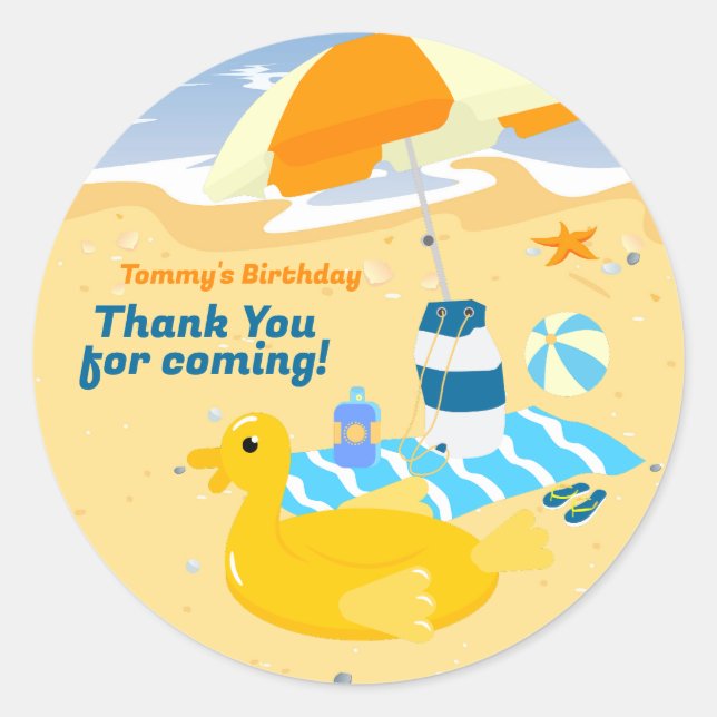 Adesivo Redondo Festa de aniversário de praia divertida do garoto  (Frente)