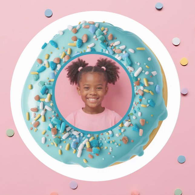 Adesivo Redondo Festa de aniversário de Rosquinhas Azul de Fotogra (Custom Photo Blue Donut Sprinkles Birthday Party Classic Round Sticker)