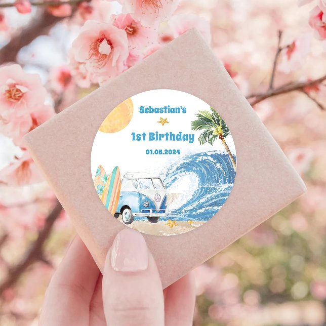 Adesivo Redondo Festa de aniversário de surfe na praia (Criador carregado)