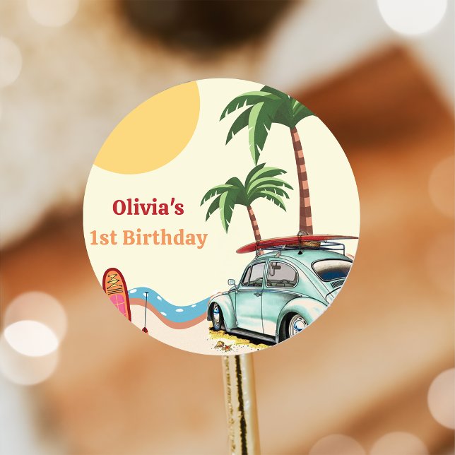 Adesivo Redondo Festa de aniversário de surfe na praia (Criador carregado)
