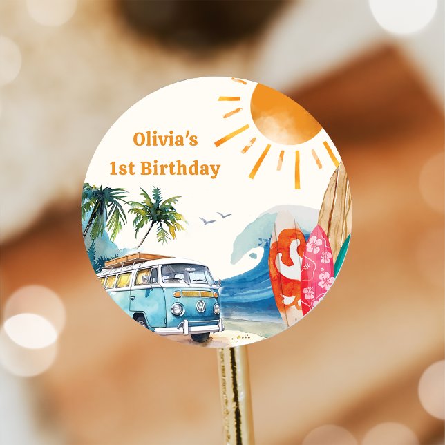 Adesivo Redondo Festa de aniversário de surfe na praia (Criador carregado)