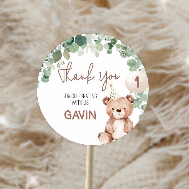 Adesivo Redondo Festa de aniversário de Urso Cinzento (Greenery Teddy Bear Birthday Party Sticker)