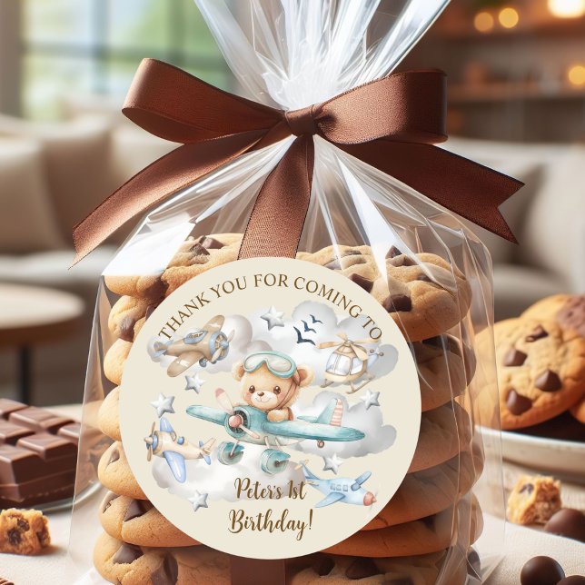 Adesivo Redondo Festa de aniversário de Urso de Teddy Piloto de No (Criador carregado)