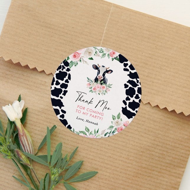 Adesivo Redondo Festa de aniversário de Vaca Floral Rosa (Criador carregado)