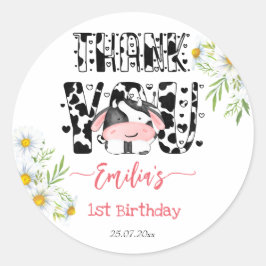 Adesivo Redondo Festa de aniversário de vaca padrão de margarida o