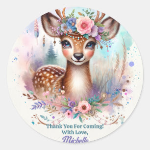 Adesivo Redondo Festa de aniversário de veados de madeira de boho-