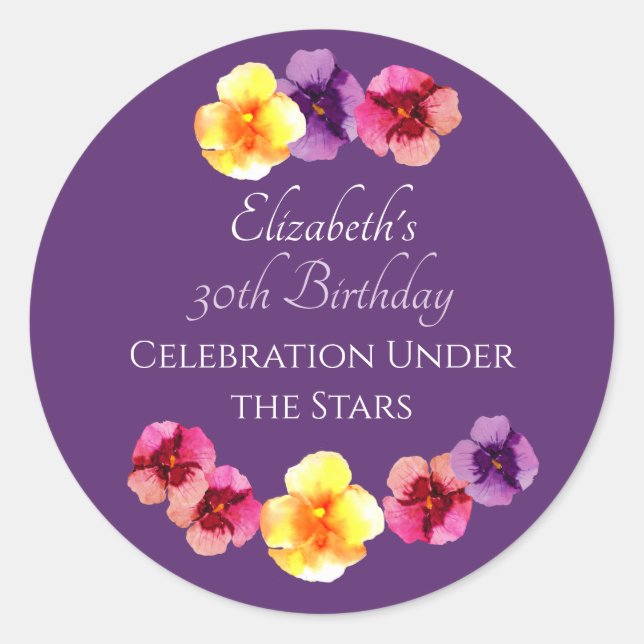 Adesivo Redondo Festa de Aniversário de Verão Boho Floral Lilás An (Frente)