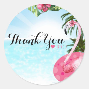 Adesivo Redondo Festa de Aniversário de Verão do Flamingo na PISCI