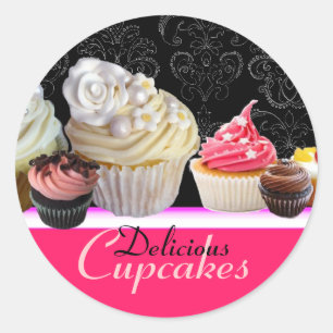 Adesivo Redondo FESTA DE ANIVERSÁRIO DELICIOSA dos CUPCAKES, pret