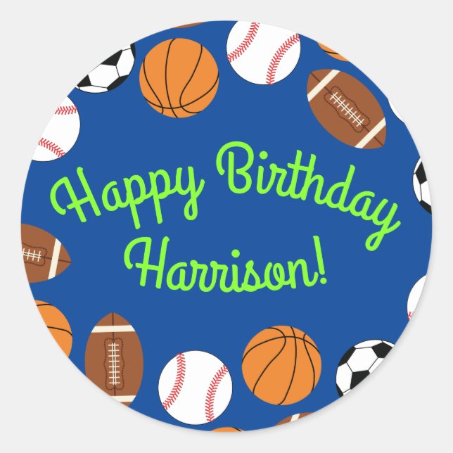 Adesivo Redondo Festa de aniversário desportiva, crianças, corcund (Frente)