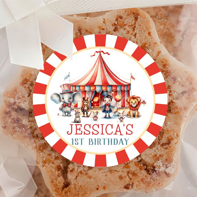 Adesivo Redondo Festa de aniversário do Circus Carnival Show e Ani (Criador carregado)