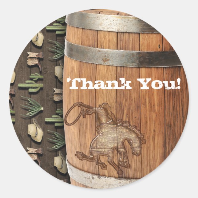 Adesivo Redondo Festa de aniversário do Cowboy Western Rodeo Woode (Frente)