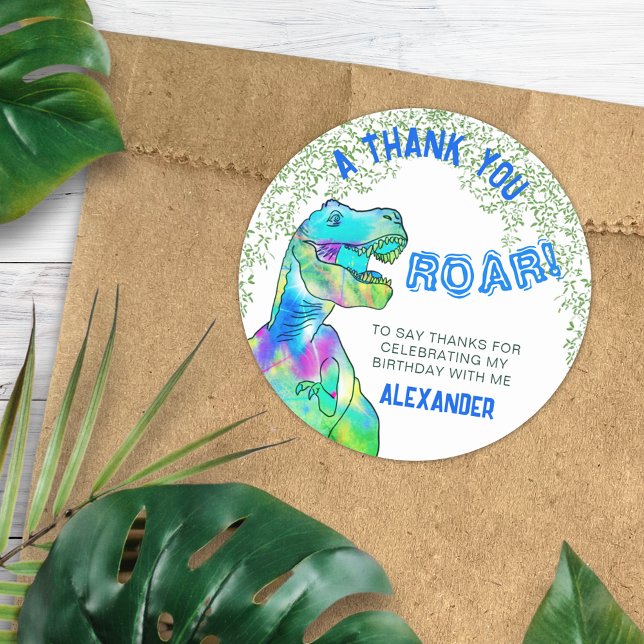 Adesivo Redondo Festa de aniversário Do Dinossaur T-Rex Roar Obrig (T-Rex Roar Dinosaur Birthday Party Thank You favor sticker personalized name)