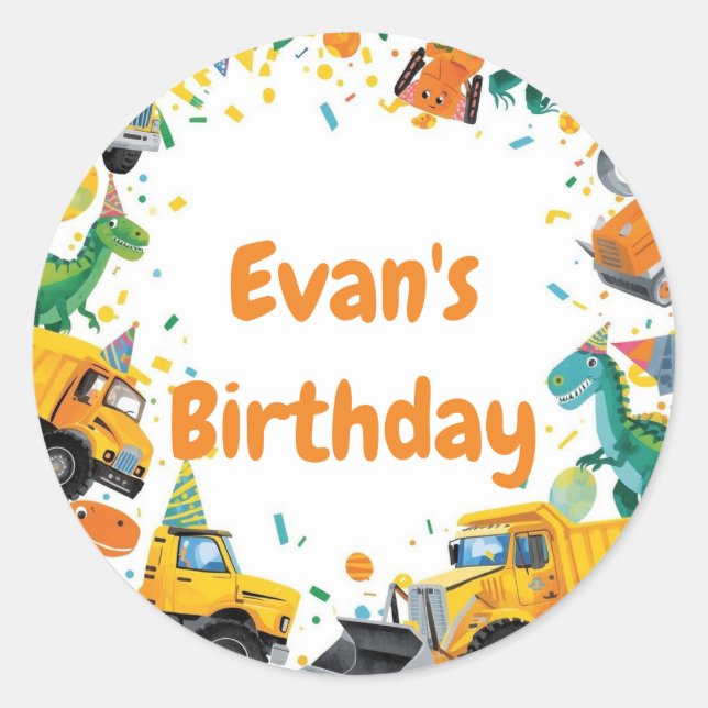 Adesivo Redondo Festa de Aniversário do Dinossauro de Construção (Frente)