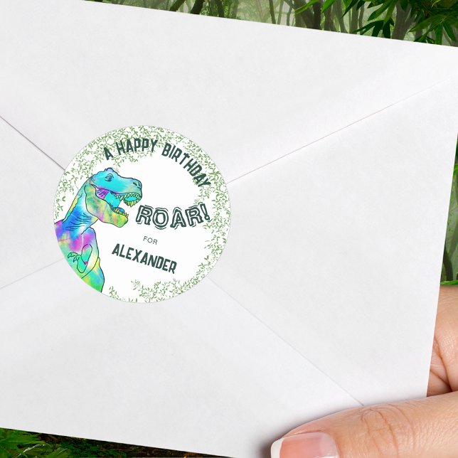 Adesivo Redondo Festa de aniversário do Dinossauro Roar T-Rex (A happy birthday t-rex roar personalized dinosaur party sticker)
