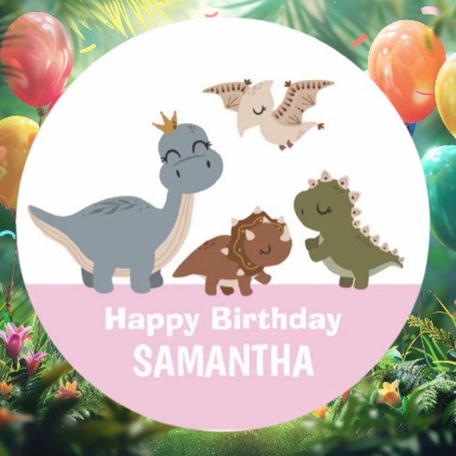 Adesivo Redondo Festa de aniversário do Dinossauro Rosa (Discover adorable pink Boho dinosaur baby stickers that add a playful touch )