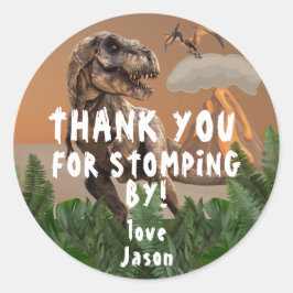 Adesivo Redondo Festa de aniversário do Dinossauro T-Rex Obrigado