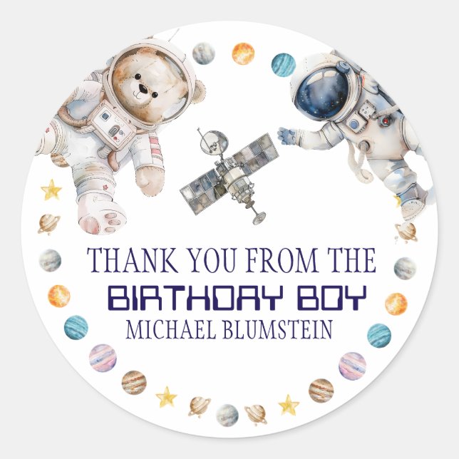 Adesivo Redondo Festa de aniversário do Espaço Exterior Obrigado (Frente)