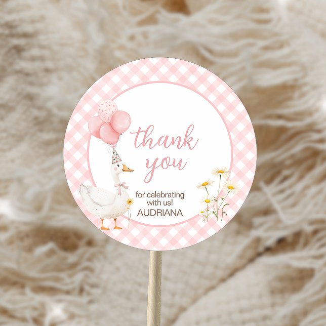 Adesivo Redondo Festa de Aniversário do Ganso Bobo de Gingham (Criador carregado)