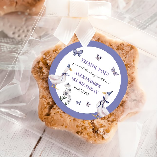 Adesivo Redondo Festa de aniversário do ganso do bobo (Criador carregado)