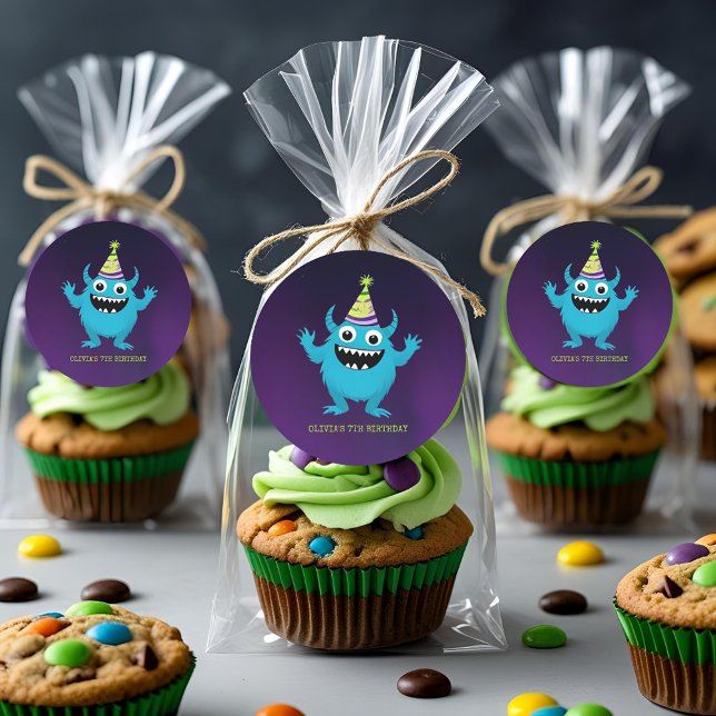 Adesivo Redondo Festa de Aniversário do Monstro Azul Bonitinho (Criador carregado)