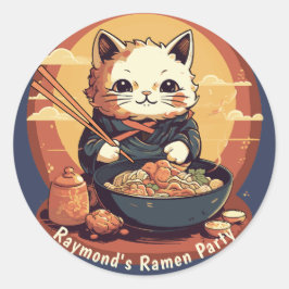 Adesivo Redondo Festa de aniversário do Partido Ramen com Gato Ani