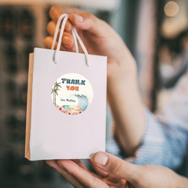 Adesivo Redondo Festa de aniversário do Surf Wave Rider Obrigado (Criador carregado)