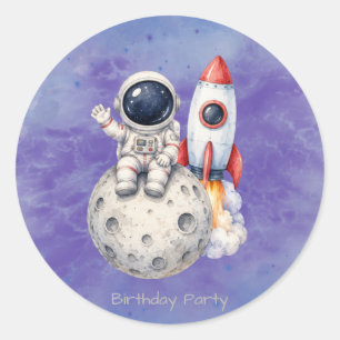 Adesivo Redondo Festa de Aniversário Espacial de Astronauta em Aqu