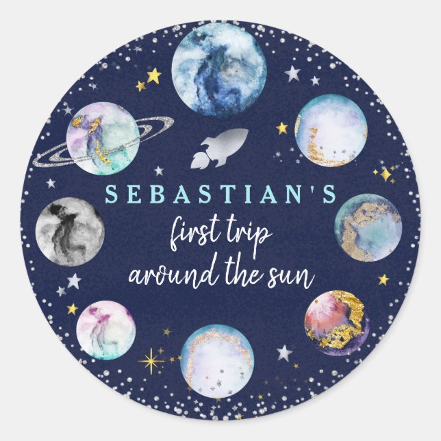 Adesivo Redondo Festa de aniversário Espacial Primeira Viagem Em T (Frente)