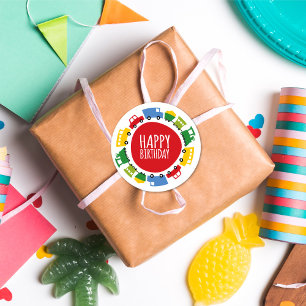 Adesivo Redondo Festa de aniversário feliz do trem de carro do