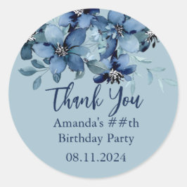 Adesivo Redondo Festa de aniversário Floral Azul Moderno Obrigado