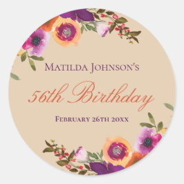 Adesivo Redondo Festa de aniversário Floral de Aquarela