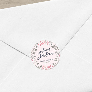 Adesivo Redondo Festa de aniversário floral do doce 16 dos rosas