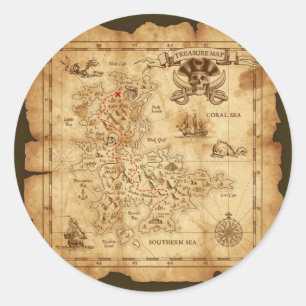 Adesivo Redondo Festa de Aniversário Mapa do Tesouro Antigo Pirata
